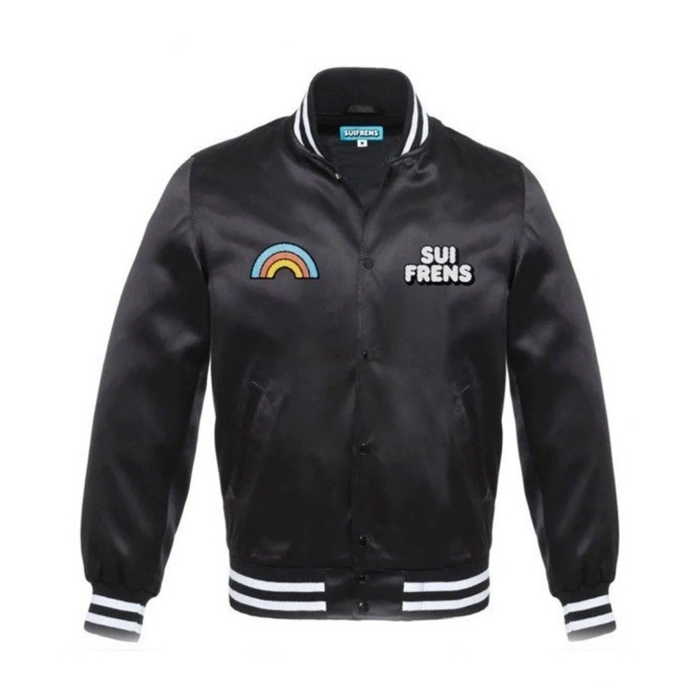 NWOT‎ SuiFrends Black satin bomber jacket Men's Large